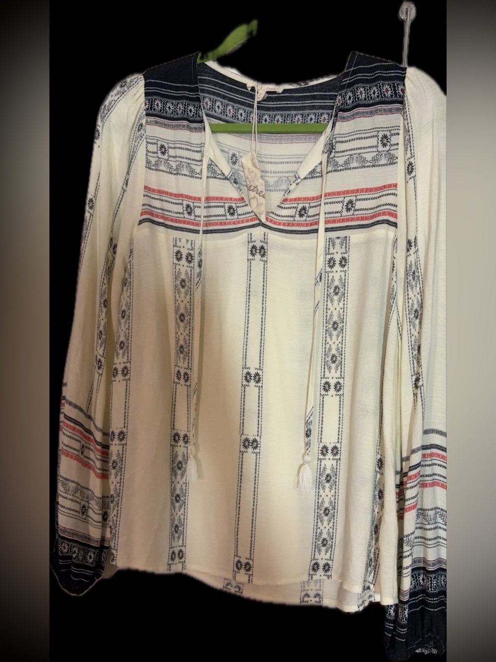 Cream Boho Peasant Tunic with Navy & Red Stripe Accents